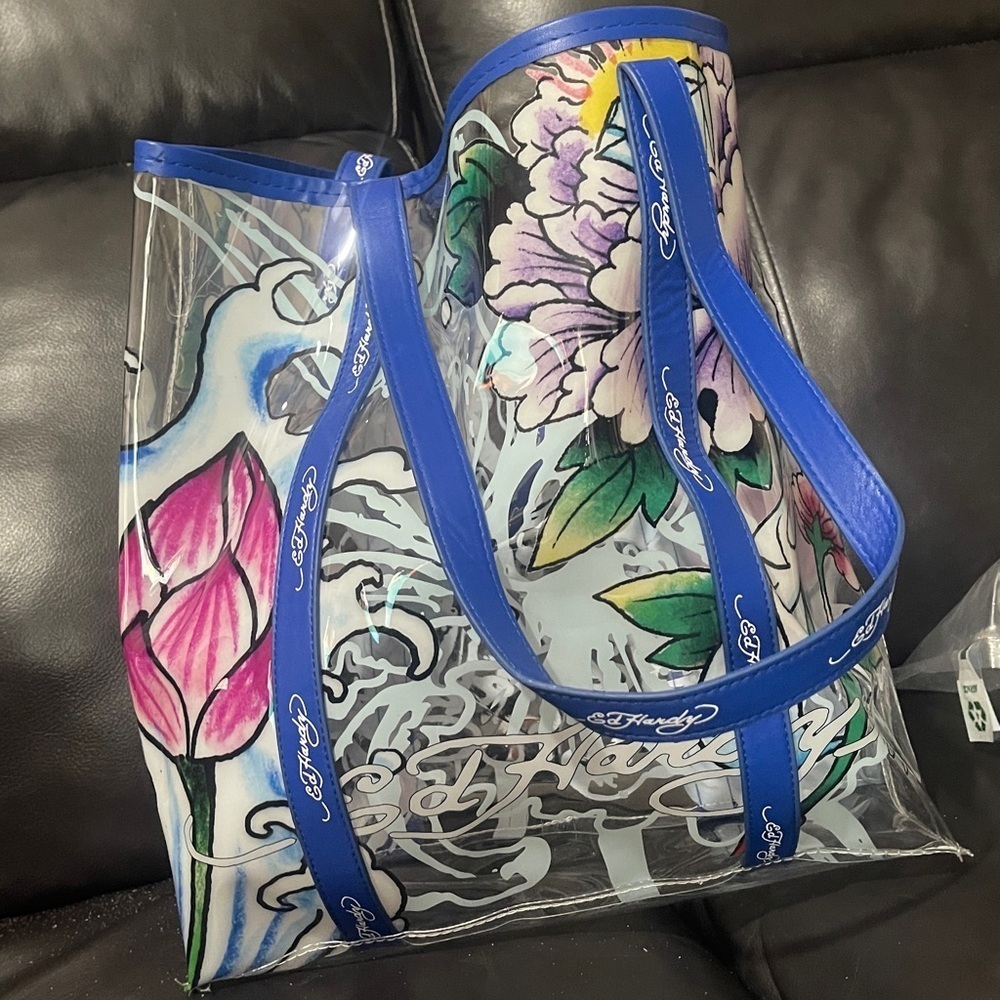 Y2K Ed Hardy Clear Tote with Blue and Pink Floral Design NWT - Picture 2 of 9